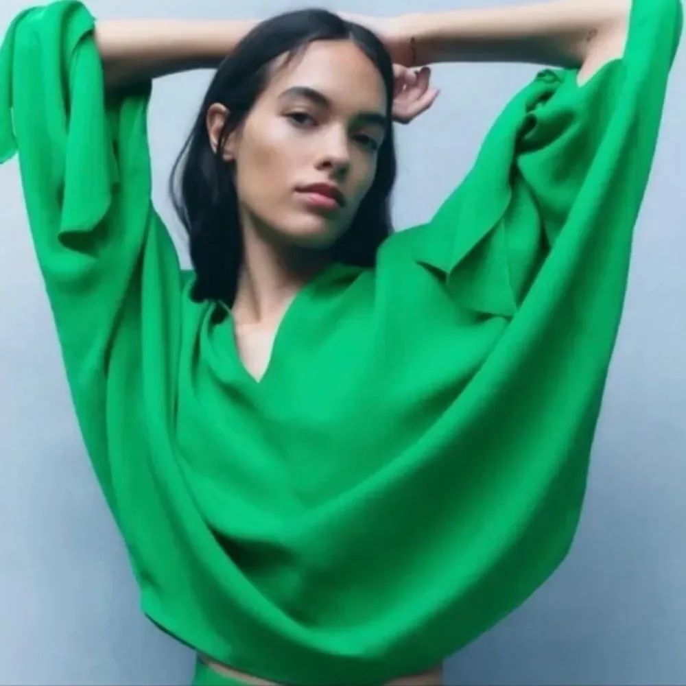 Zara Green Fluid Tie Blouse V Neck Top size Large